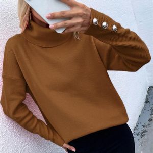 Kvinnors tröjor Kvinnor som stickar tröja Stylisk Turtleneck Mysig ribbad stickkläder med knäppta manschetter för Autumn Winter Fashion