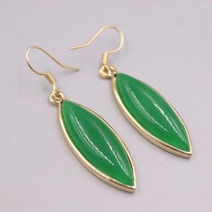 Dangle Earrings 18k Yellow GP And Pointed Green Jade 1.89" L-