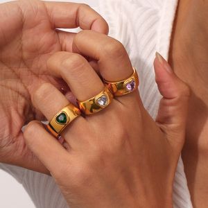 Manuale oro Poliscazione lucida a forma di cuore lucido a forma di cristallo rosa zircone zircone anelli in acciaio inossidabile per gioielli ad anello femminile