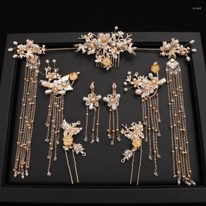 Haarklammern Chinesische Hochzeitskleider Kopfbedeckung Hanfu Alter Kopfschmuck XiUhe Stil ethnischer goldener Quasten Accessoires Schmuck Schmuck