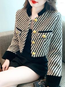 Kvinnors jackor mode koreanska chic vintage stripe tweed jacka kappa kvinnor vårkontrast färg beskuren elegant kontor dam outwear