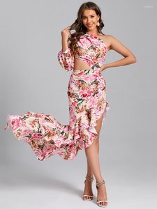 Casual Dresses Summer One Shoulder Floral Long Dress Women Slanted Sleeve Printed Asymmetric Ruffle Party Club kväll