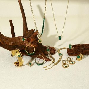 Bangle Fashion Vintage Green Malachite Stone Necklace Earrings Bracelet Ring Ladies Gold Plated Stainless Steel Jewelry Set