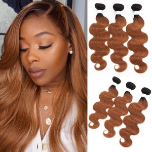 Body Wave Human Hair Bundles 1B/30 Ombre Brown Colored Human Hair Weave Bundles for Women Brazilian Remy Hair 3/4 Bundle Deals