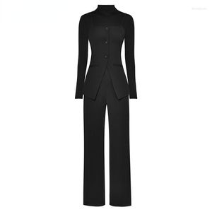 Kvinnors tvådelar Pants 2023 Runway Luxury Design Spring Suits långärmad stretch basrock liten midja klockbottnar svart tredelar