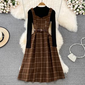 Two Piece Dress Summer High Quality Fall Winter Women Sweater Overalls Dress Sets Casual Knitted Tops +Plaid Woolen Dress 2 Piece Sets Outfits Female 2024
