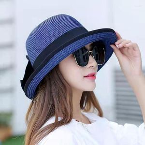 ベレットYudx Girl Summer Flat Top Top Brim Sunshade Straw Hats Women British Style Sandy Beach UV Protection Women's Elegant Bowknot Cap