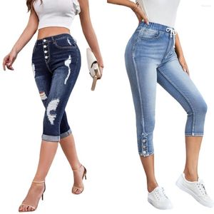 Women's Jeans 2023 Summer High Elasticity Ripped Calf-Length Fashion Skinny Denim Pencil Pants Elastic Waist Lace-up