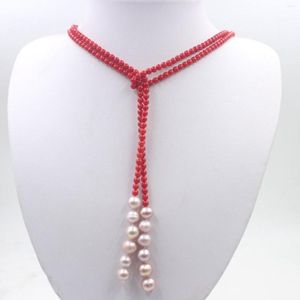 Łańcuchy ręcznie wiązany naszyjnik naturalny 4 mm czerwony koralowy łańcuch swetra 8-9 mm prawie okrągła perła dla kobiet biżuteria modowa 50 cali