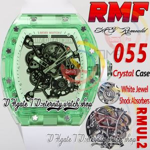 RMF AET 055 MENS Titta på RMUL2 Mekanisk handvindning True Balance Spring Green Crystal Case Skeleton Dial White Inner Ring Rubber Band Super Edition Eternity Watches