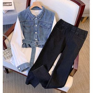 Women's Two Piece Pants 2023 Autumn Denim Splice Fashion Suit Loose Oversized Jacket Pencil Sets M-4XL All-match Trousers Suits