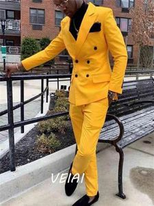 Ternos masculinos 2023 Business Wedding Men de lazer amarelo Linha de dois terno de primavera de verão de 2 peças (calça de jaqueta) traje hombre