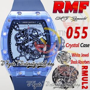 RMF AET 055 Mens Watch RMUL2 Mechanical Hand-winding True Balance Spring Crystal Blue Case Skeleton Dial Black inner ring Rubber Strap Super Edition eternity Watches