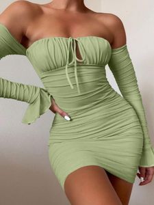 Basic Casual Dresses Sexy Boob Tube Top Lade-up Push Up Long Sleeve Dress Flounce Sleeve Bodycon Ruched Mini Dress Women Off Shoulder Dresses 230815