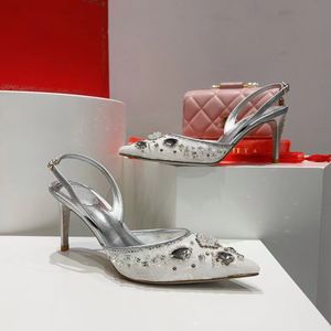 고품질 여성 Vega Crystal Sandals Shoes on Rhinestone에 미끄러 져 뾰족한 발가락 슬링 백 우아한 Renecaovilla Lady Party wedding eu34-43