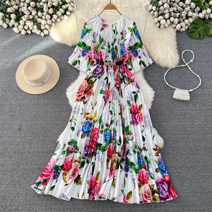 Basic Casual Dresses Spring Women Round Neck Half Sleeve Pleated Dress With Belt Elegant Vestidos Black White Ladies Mid-Length Flower Print Dresses 2024