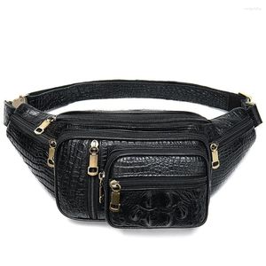 Midjeväskor mode män äkta läderkrokodilmönster Fanny packar bröstkorgbälte unisex riktig kohud crossbody axelväska