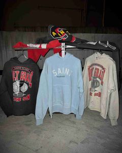 Feste con cappucci da uomo Saint Michael Lettera ricamata Sky Blue Hoodie Vintage High Street American Casual Coppia Peluga NOQ0