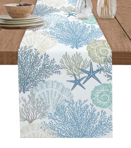 Bordslöpare Blue Marine Coral Shells Starfish Table Runner For Wedding Decoration Modern Party Home Decoration Tabelduk 230818