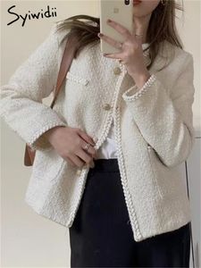 Womens Jackets Syiwidii O Neck Tweed Jacket for Women Autumn Fashion Vintage Button Up Wool Coat Casual Long Sleeve Solid Loose 230818