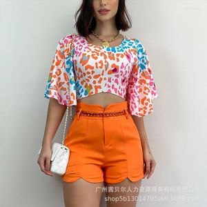 Kvinnors spårdräkter Leopard Print Bell Sleeve Top Shorts Set Women Matching Set Two Piece Streetwear Orange Y2K Crop E-Girl Short