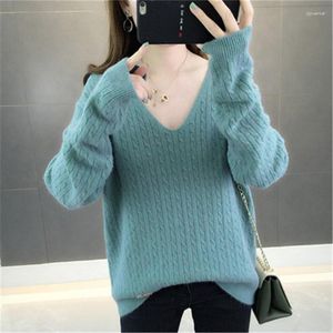 Swetery kobiet 2023 swobodny dekolt w szpic SWEAT KOBIET Zimowy ciepły sweter różowy luźne kaszmirowe dzianinowe pullover top pull femme pz2651