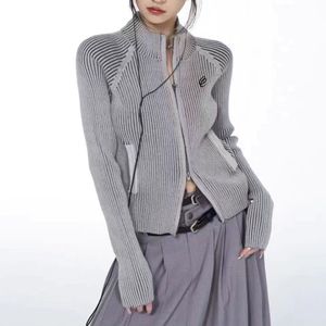 여자 니트 티 티 그레이 빈티지 지퍼 가디건 여성 자수 Y2K 미학적 그런지 스웨터 쇼트 재킷 기본 여성 슬림 니트 코트 femme 230816