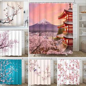 Shower Curtains Pink Sakura Flowers Shower Curtains Cherry Blossoms Trees Floral Rustic Garden Landscape Fabric Print Bathroom Decor