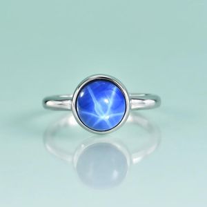 Küme Yüzük Gem's Beauty 925 STERLING Gümüş Solitaire Yuvarlak Çerçeve Ayar Laboratuvar Yıldız Safir Yüzüğü Kadınlar için Basit İnce Mücevherat