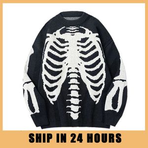 Men's Hoodies Sweatshirts Streetwear Oversized Knitted Sweaters Mens Vintage Skeleton Bone Printed Hip Hop Harajuku Patchwork Casual Pullover Unisex Black 230821