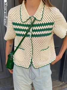 Женские трикотажные трикотаж Tees Showmirror Retro Green Stripe Kinded Cardigan Tops Женщины пуговица с коротким рукава