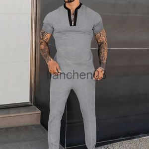 メンズトラックスーツ2023春夏メンズ服カジュアルソリッドショートスリーブジッパーパッチワークTシャツとパンツスーツ男性レジャー2ピースセットJ230821