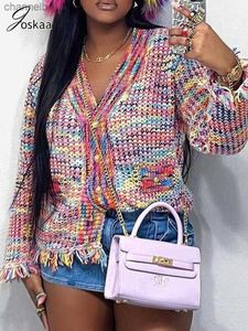 Malhas femininas tees joskaa 2023 novo outono arco -íris elegante suéter casual madeir