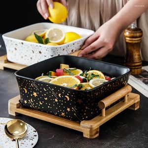 Dinnerware Sets Nordic Square Fruit Salad Bowl Creative Wooden Frame Ceramic Smoothie Simple Moon Dessert