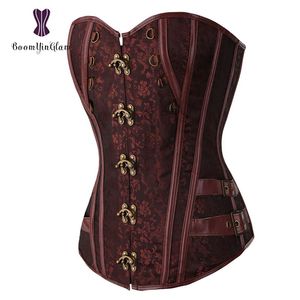 Trener talia Brocade steampunk Jacquard Faux Skórzany Studded Overbust Brown gorset Bustier z łańcuchami S-6xl 916#277z