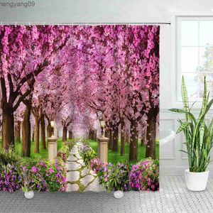 Shower Curtains Spring Rural Landscape Shower Curtains Set Pink Flowers Tree Forest Natural Floral Green Plant Scenery With Bathroom Decor R230821