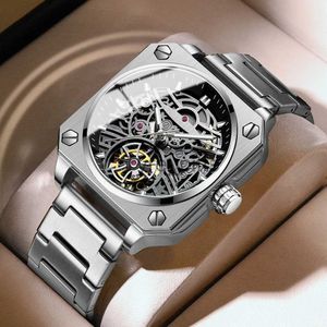 Outros dispositivos vestíveis 2023 New Binbond H1133 Tourbillon Watch Mechanical Watch Men Automatic Steel Strap Skeleton Mens Watches Top Brand Luxury Box X0821