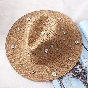 2023 Spring New Ladies Hat Hat Wide Jazz Panamá Sun Visor Flower Pearl Rivet Straw Hat2412