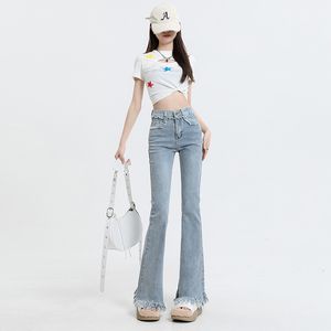 Jeans feminino Contraste vintage azul sexy sino de baixo largura largura borla de fêmea de fêmea de fêmea calça coreana 230821