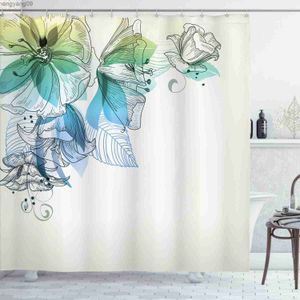 Shower Curtains Turquoise Shower Curtain Flowers Buds Leaf At The Top Left Corner Season Celebrating Theme Cloth Fabric Bathroom Decor with Hook R230821