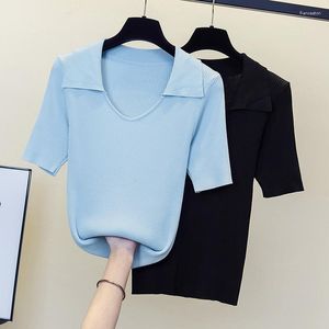 Kvinnors tröjor 4xl Size Women Thin Kinting Solid T-shirt Summer 2023 Kort ärm V Neck Överdimensionerad tröja Pullover Kint Jumper