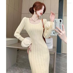 Casual Dresses U-neck Women Knitted Midi Dress Autumn Elegant Ribbed Petal Long Sleeve Bodycon 2023 Winter Korean Fashion