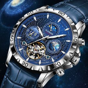 Other wearable devices GLENAW Men's Leisure Mechanical Wristwatch Moon Phase Week Calendar Waterproof Watch Touron Glow Stainless Steel Clock+box x0821