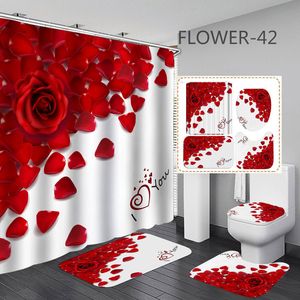 シャワーカーテン3Dプリントフラワーバスカーテンウォータープルーフファブリックロマンチックな赤いローズシャワーカーテンバレンタインデーバスルームの装飾のためのハート230820