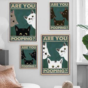 Canvas de animais engraçados pintando um poster de gato branco preto fofo e impressão de arte de parede retro banheiro decoração de casa sem moldura sem moldura wo6