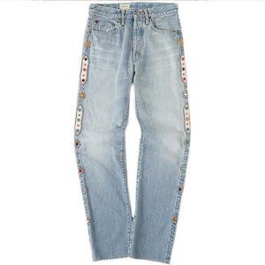 Men's Jeans Independent Kapital style side gem rivet washed jeans straight barrel Vintage vibe style high street pants2805
