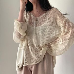 Kadın Sweaters Vintage Sıradan Örgü Sweater T-Shirt Uzun Kollu 2023 Güneş Koruyucu Kazak Gevşek İçi Boş Üst Tasarım