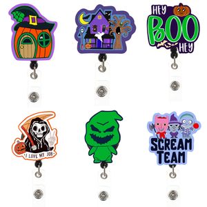 5 datorer/Lot Fashion Nyckelringar Ny Badge Reel Halloween Plast Acrylic Ghost Pumpkin Holiday Dractable Badge Holder With Alligator Clip for Nurse Doctor Gift