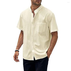 Men's Casual Shirts Men Chest Pocket Shirt Retro Summer Stand Collar Short Sleeve Patch Single Breasted For A All