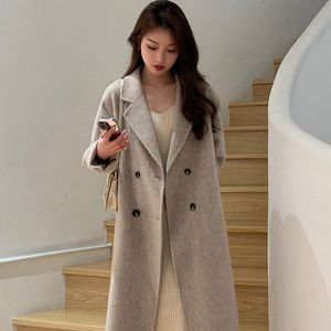 Womens Wool Blends Women Winter Woolen Overcoat Oat Color Doublesided Cashmere Coat Midlength Jacket Loose Cardigan Simple Outwear 230818